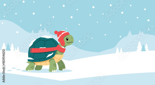 Cute cartoon turtle wearing a red winter hat and scarf walks slowly through a snowy landscape leaving footprints behind in the cold.