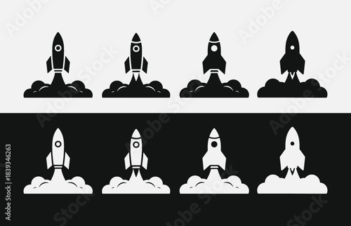 Four stages of rocket launch progression from liftoff to space exploration on white background