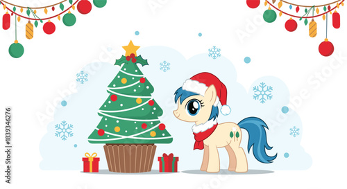Cute pony wearing a santa hat and red scarf looks at a beautifully decorated Christmas tree with presents underneath in a snowy scene.