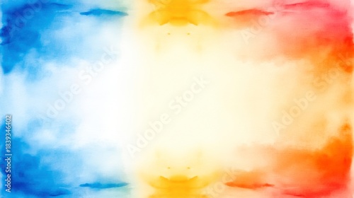 Vibrant Abstract Watercolor Background in Bright Blue, Yellow, Red, and Orange