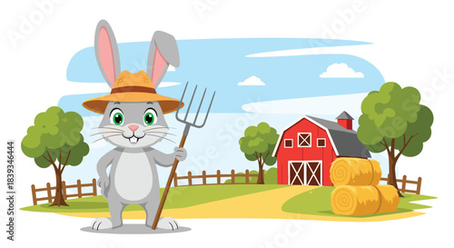 Friendly cartoon bunny farmer wearing a straw hat holds a pitchfork while standing on a green farm with a red barn and hay bales.