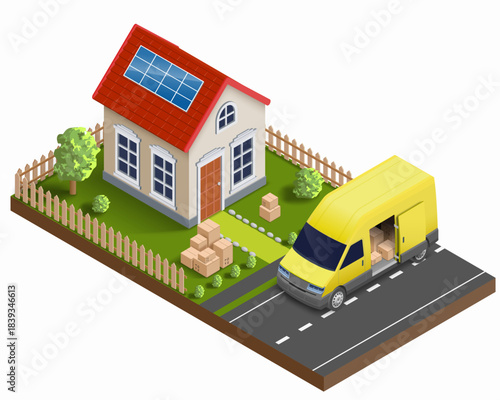 Delivery van with cardboard boxes near a house. Moving service. Vector illustration. 3D isometric projection.
