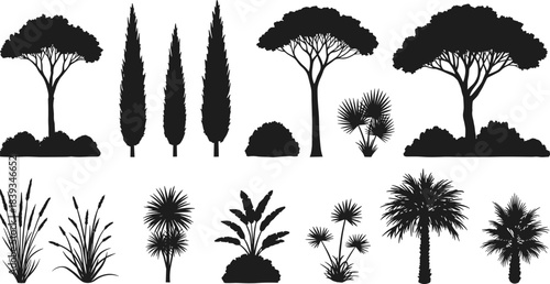 Silhouette of trees and plants, forest landscape illustration, natural vegetation diversity, shrubs and grasses, black and white design artwork