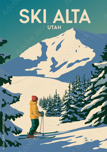 Alta Ski Resort Travel Poster Vintage, Utah USA Winter Landscape Travel Card Vector