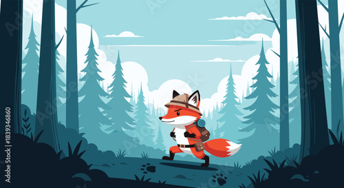 Adventurous cartoon fox wearing a hat and backpack hikes through a monochromatic blue forest leaving footprints behind on the trail.