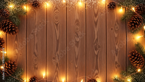 Cozy Christmas background with warm fairy lights and pine cones on a rustic wooden surface, perfect for holiday greetings and festive designs