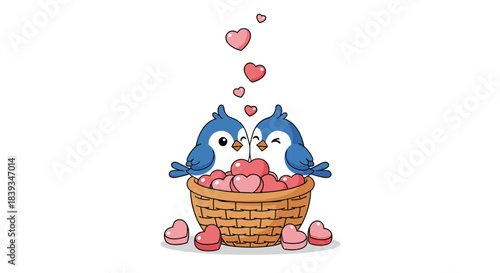 Two cute blue birds in love sit inside a wicker basket filled with pink and red hearts on a simple and clean white background.