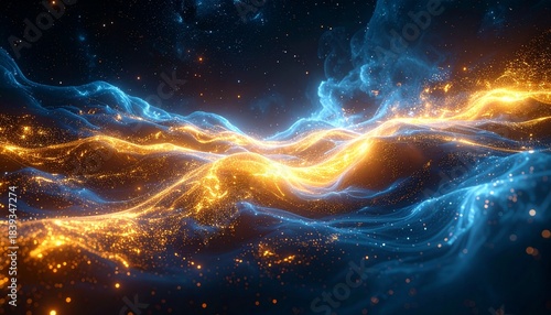Abstract cosmic energy harvesting concept, starlight transformed into flowing energy streams, deep space blues and gold highlights, futuristic optimism, vast and inspiring atmosphere