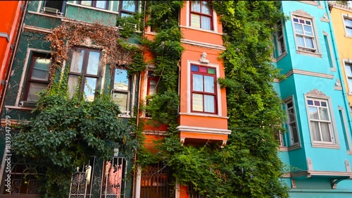 Istanbul, Turkey, August 1, 2025. Exploring the colorful facades of the historic Balat neighborhood. Iconic in their vibrant colors, with climbing plants blowing in the wind. A beautiful summer day.