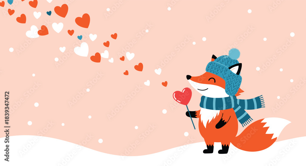 Fototapeta premium Cute fox in a winter hat and scarf holding a heart-shaped lollipop while heart-shaped snowflakes fall on a pink background.