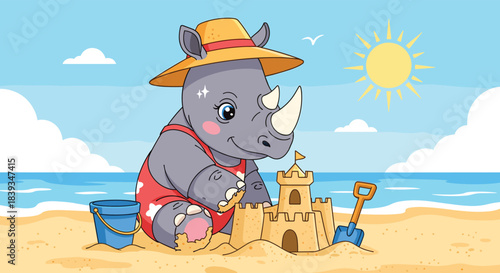 Cute baby rhinoceros in a swimsuit and sun hat building a sandcastle with a bucket and spade on a sunny tropical beach.