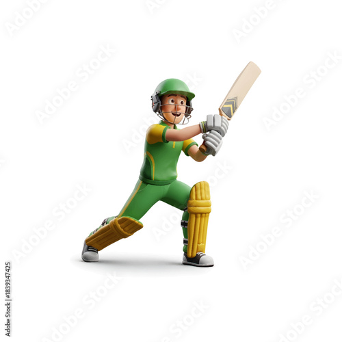 Smiling 3D Cartoon Cricketer Batting Pose - Youthful Player in Green and Yellow Uniform Ready to Hit the Ball for Sports, Gaming, and International Cricket Event Designs