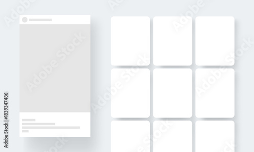 Social media post layout with blank frames for content presentation. Minimal vector design for showcasing feed, profile or gallery layouts