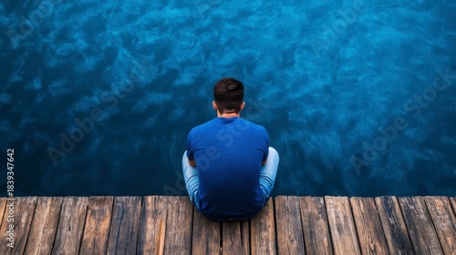 Young man sitting on dock by tranquil blue water reflecting calm sky