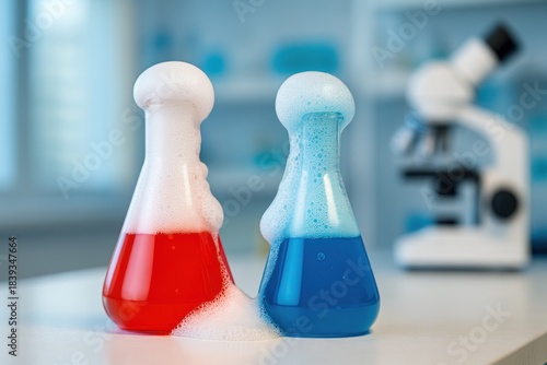 Two laboratory glass test tubes filled with contrasting red and blue solutions react vigorously and foam on a table.