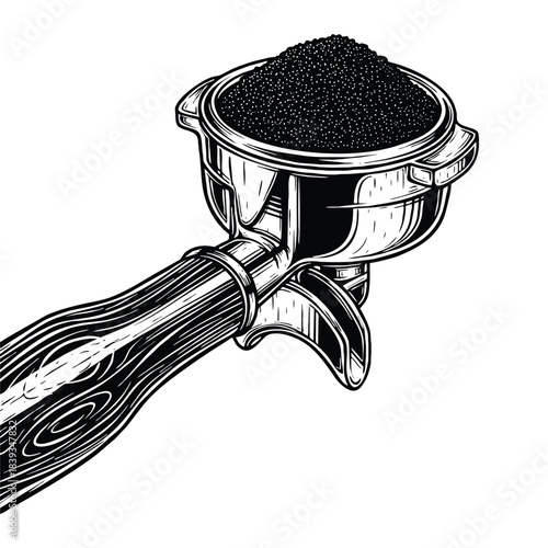 Detailed black and white illustration of an espresso machine portafilter filled with finely ground coffee beans, engraving art