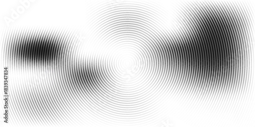 Black concentric circle texture. Radial geometric pattern background. Linear epicenter, radar or target concept. Round rippled ring wallpaper for brochure, template, poster, overlay. Vector backdrop