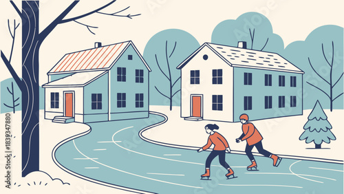  Children Ice Skating Through Winter Neighborhood – Fun Outdoor Activity Illustration