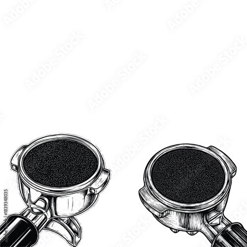 Two portafilters filled with ground coffee, detailed engraving style illustration, engraving art