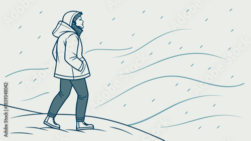  Person Walking in Snowstorm – Winter Wind and Cold Weather Illustration