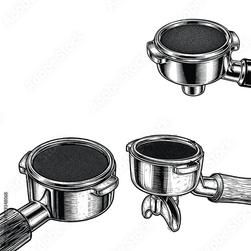 Espresso machine portafilters filled with ground coffee, vintage engraving style illustration, engraving art