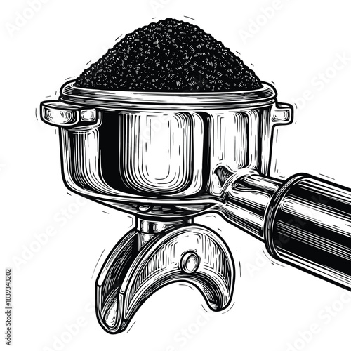 Espresso machine portafilter filled with finely ground coffee beans, detailed black and white illustration engraving art