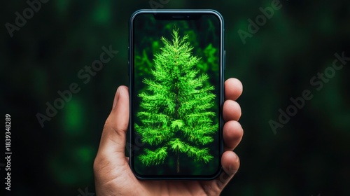 Person Holding Smartphone Displaying Vibrant Green Tree Close-Up