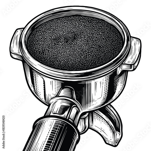Closeup illustration of an espresso machine portafilter filled with finely ground coffee beans, engraving art