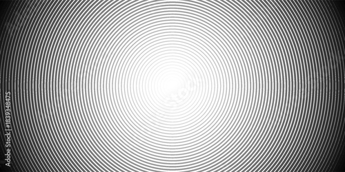 Black concentric circle texture. Radial geometric pattern background. Linear epicenter, radar or target concept. Round rippled ring wallpaper for brochure, template, poster, overlay. Vector backdrop