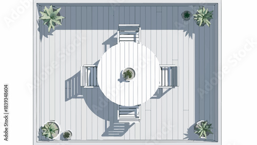 Minimalist White Outdoor Patio Table and Chairs Top View Illustration with Potted Plants