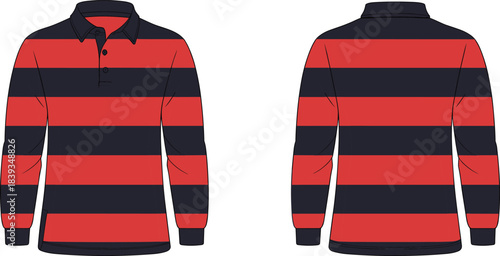 Striped rugby shirt flat sketch, long sleeve sportswear design, red navy stripes apparel template, fashion illustration, collar button placket garment drawing