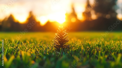 Pine Cone in Evening Light with Blurry Background and Sun Rays in Nature