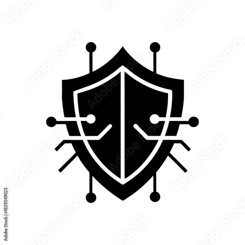 Shield Shape Intersected By Binary Line Pattern Representing Digital Protection Line Art Vector illustration