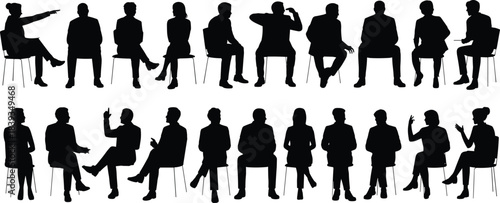 Silhouette Seated Figures in Group Discussion and Communication for Teamwork, Social Interaction, and Educational Illustration Use