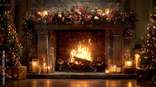 Cozy fireplace decorated for the holidays with glowing lights and festive greenery in a warm room setting