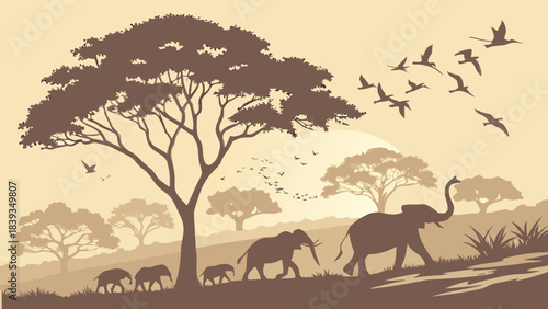 African Savanna Silhouette: Elephant Family & Flying Birds Under Acacia Trees at Dusk/Dawn, Wildlife Nature Scene