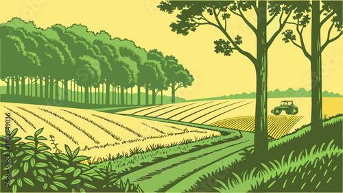 Stylized Rural Farmland Landscape with Tractor Cultivating Fields, Green Trees, and Winding Path – Vintage Agriculture Illustration