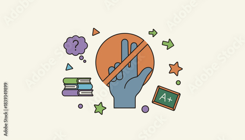 An image showing a hand raised in the air symbolizing the rule of waiting to be called on before speaking in class surrounded by engaging classroom decor.