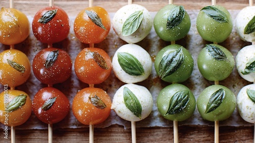Caprese Skewers Trio With Tomato Mozzarella Basil Minimalist Arrangement Italian Appetizer