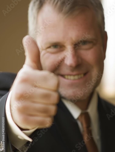 Businessman gesturing thumbs up sign showing approval