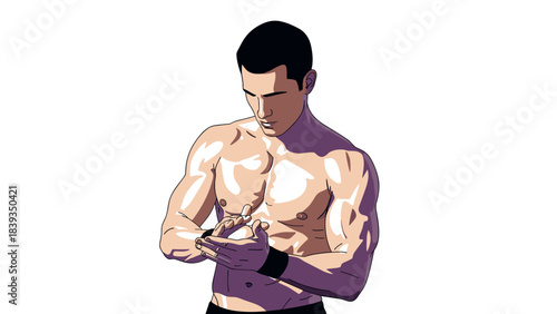 Muscular athlete taping hands in bold art style for sports concepts