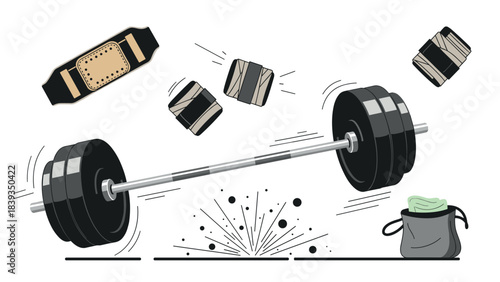 Dynamic weightlifting gear: barbell, wrist wraps, lifting belt, and chalk bag illustration