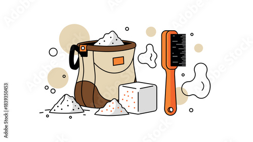 Equestrian grooming essentials: bucket, brush, and powder in modern flat design