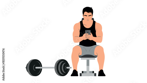 Fitness enthusiast resting on bench with smartphone and barbell