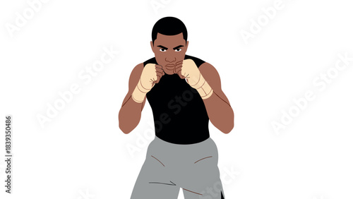 Dynamic boxer in fighting stance on white background