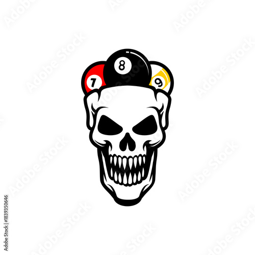 Skull with three balls of pool, billiard sport