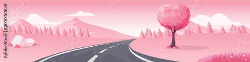 Horizontal or Landscape view of asphalt curved road. Road curves through the pink fields and heart shaped tree. Background of mountain under the sky and white clouds. For valentine day.