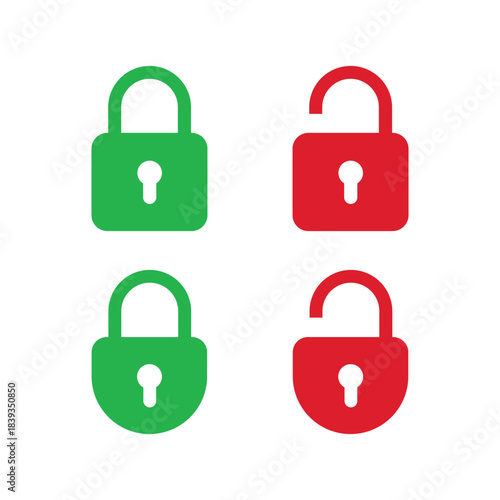 Security Padlock Icons: Green Locked and Red Unlocked Symbols for Access Control and Safety