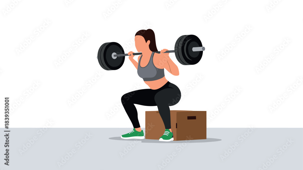 Naklejka premium Woman performing box squat with barbells in flat style