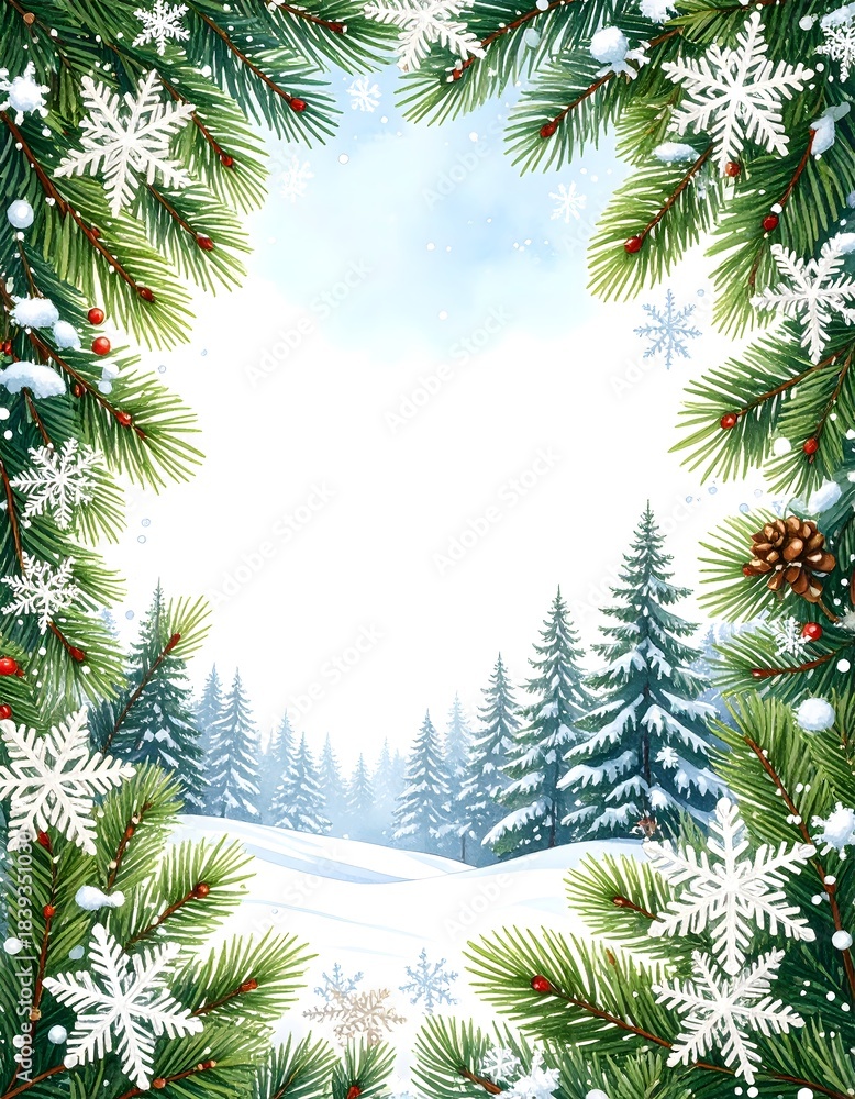 Fototapeta premium Winter Wonderland Frame: Snowy Forest with Festive Pine and Holly